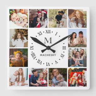 Horloge Carrée Collage photo de famille Monogram