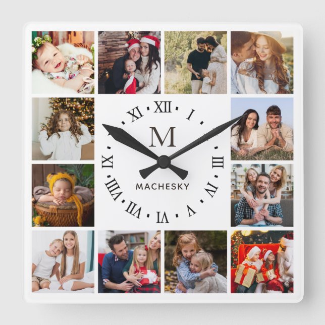 Horloge Carrée Collage photo de famille Monogram (Recto)