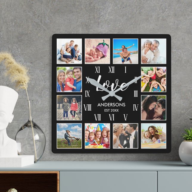 Horloge Carrée Collage photo de famille personnalisée Noir person (Créateur téléchargé)