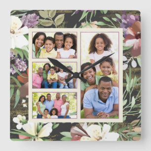 Horloge Carrée Collage photo de la famille Floral DO-IT-YOURSELF 
