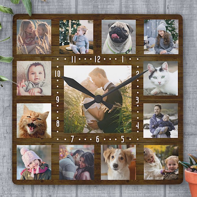 Horloge Carrée Collage Photo Famille Agritourisme rustique Bois 1 (Créateur téléchargé)