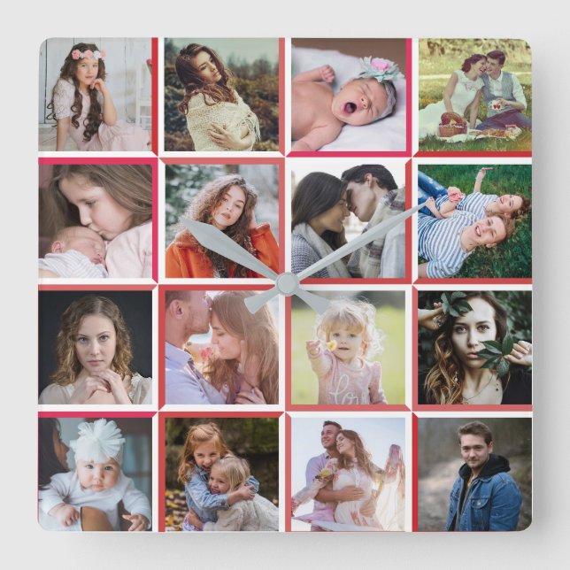 Horloge Carrée Collage photo famille Bordure rouge 16 photos Inst (Recto)