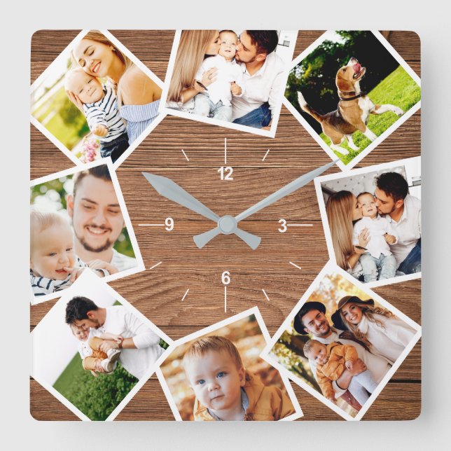 Horloge Carrée Collage Photo Famille Rustic Chic Farmhouse (Recto)