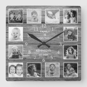 Horloge Carrée Collage photo noir et blanc Citation de la famille
