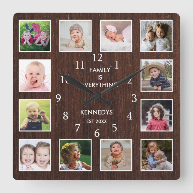 Horloge Carrée Collage photo personnalisé 12 Bois Brown foncé (Recto)