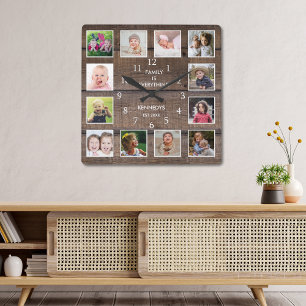 Horloge Carrée Collage photo personnalisé 12 Bois Brown rustique