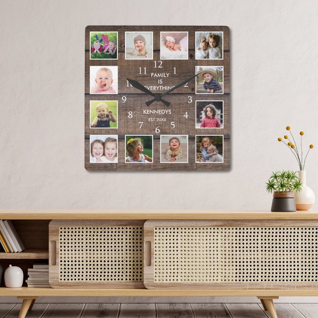 Horloge Carrée Collage photo personnalisé 12 Bois Brown rustique (Personalized 12 Photo Collage Rustic Brown Wood Square Wall Clock)
