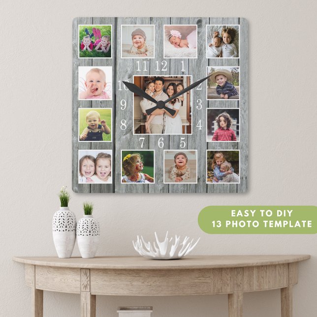 Horloge Carrée Collage photo personnalisé 13 Bois gris rustique (Personalized 13 Photo Collage Rustic Gray Wood Square Wall Clock)