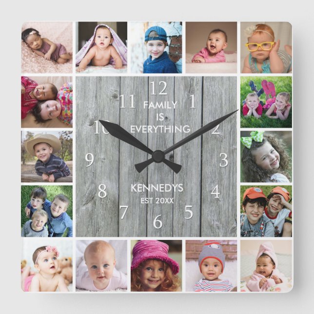 Horloge Carrée Collage photo personnalisé 16 Bois gris rustique (Recto)