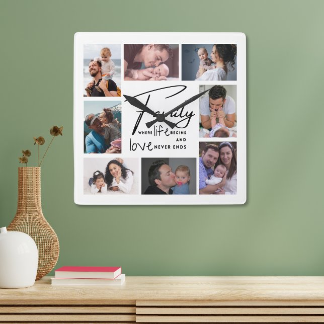 Horloge Carrée Collage photo personnalisé 8 Famille Aimer Citatio (Créateur téléchargé)