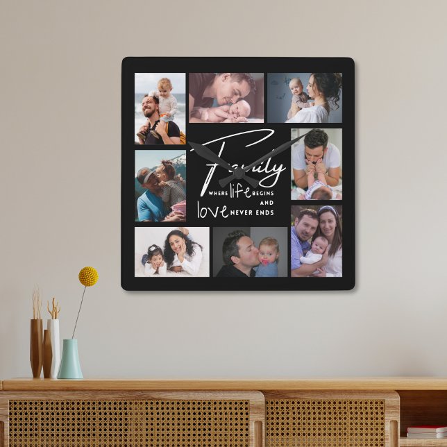 Horloge Carrée Collage photo personnalisé 8 Famille Love Citation (Créateur téléchargé)