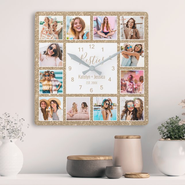 Horloge Carrée Collage photo personnalisé Besties Parties scintil (Créateur téléchargé)