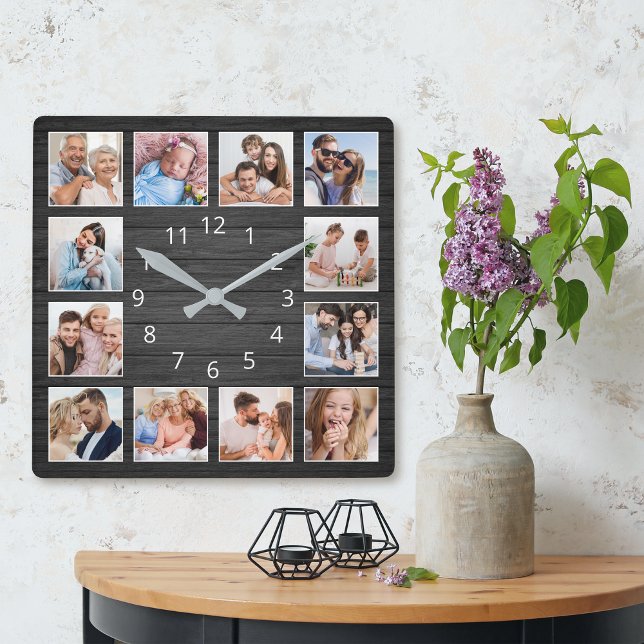 Horloge Carrée Collage photo personnalisé en bois noir Élégant (Créateur téléchargé)