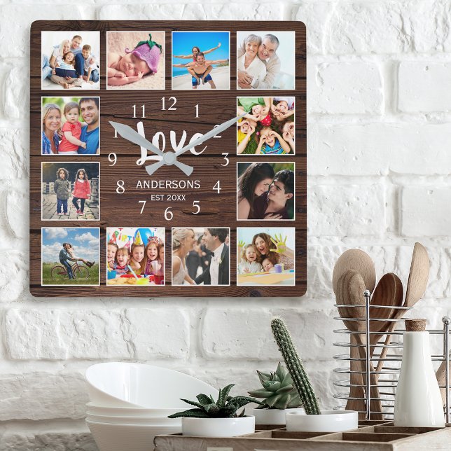 Horloge Carrée Collage photo personnalisé Famille Amour Bois fonc (Créateur téléchargé)
