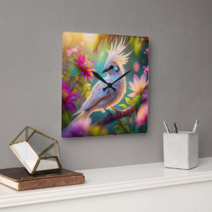 Horloge Carrée Colombe fantaisiste à plumage juvénile crêté