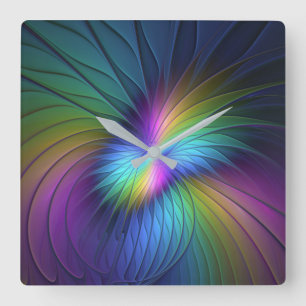 Horloge Carrée Coloré Avec Bleu Moderne Art Fractal Abstrait