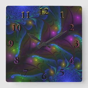 Horloge Carrée Coloré Lumineux Abstrait moderne Trippy Fractal