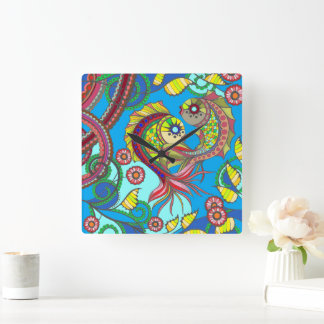 Horloge Carrée Colorful Fish & Floral Wall Clock