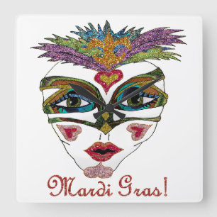 Horloge Carrée Colorful Mardi Gras Glitter Feather Mask