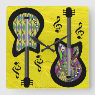 Horloge Carrée Colorful Mardi Gras Guitars