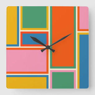 Horloge Carrée Colorful Midcentury Modern Geometric Minimum