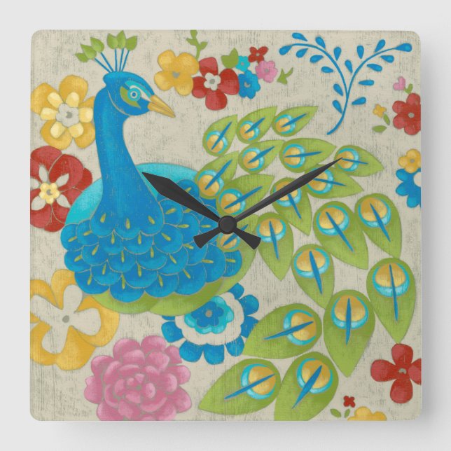 Horloge Carrée Colorful Peacock et Fleurs (Recto)