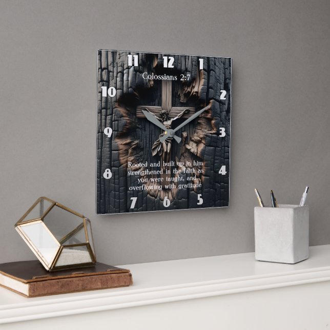 Horloge Carrée Colossiens 2:7 Enracinés dans la foi : la croix (Bureau)