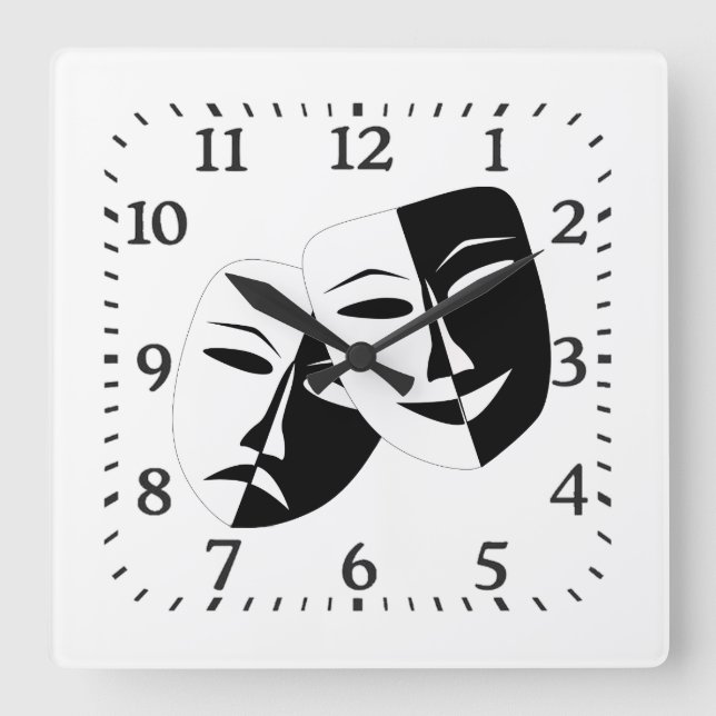 Horloge Carrée Comédie Tragédie Masque de théâtre noir et blanc  (Recto)