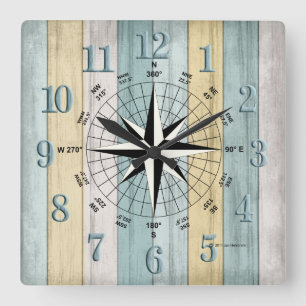 Horloge Carrée Compas nautique Rustique en bois de plage