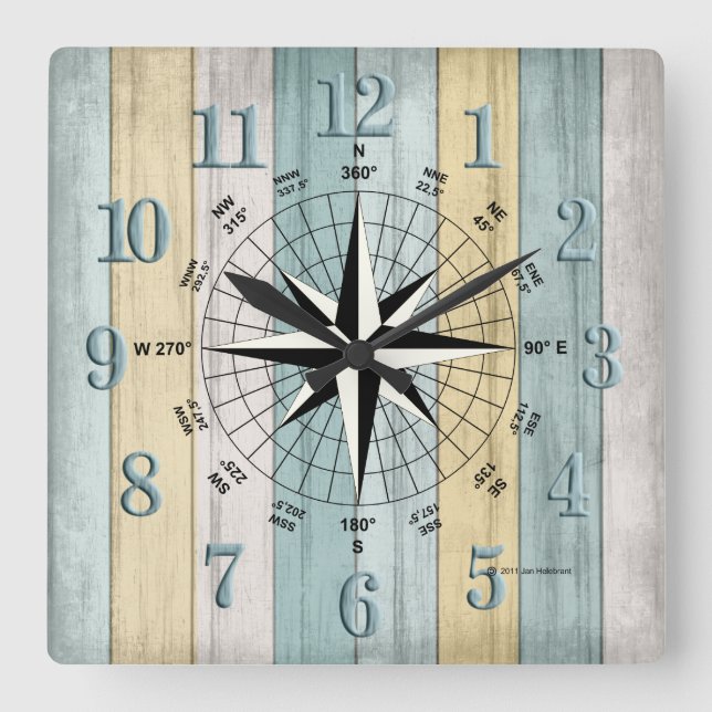 Horloge Carrée Compas nautique Rustique en bois de plage (Recto)