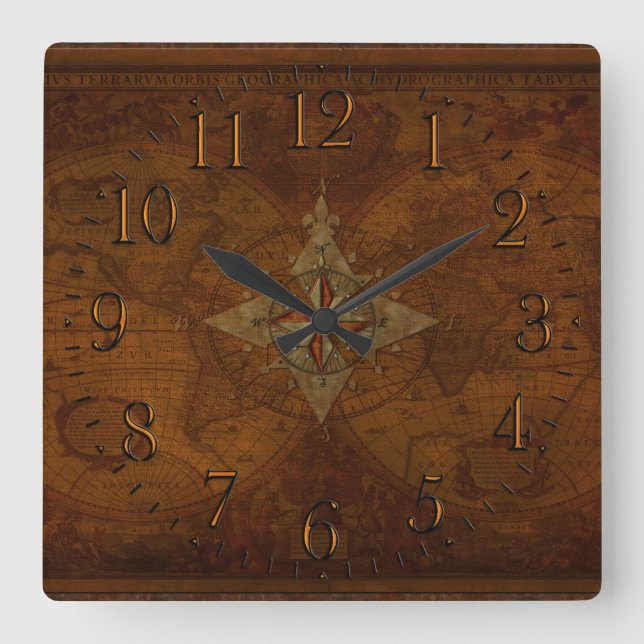 Horloge Carrée Compass Rose et Old World Map (Recto)