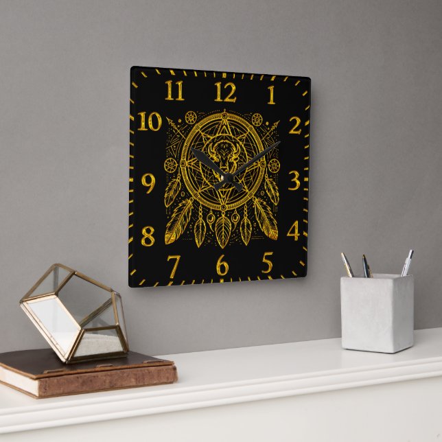 Horloge Carrée Conception de bison avec plumes et Motifs géométri (Bureau)