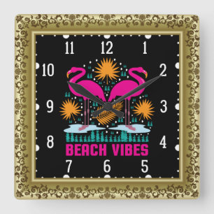 Horloge Carrée Conception de flamants roses de vibes de plage