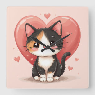 Horloge Carrée Conception de la Saint-Valentin cœur de chat calic
