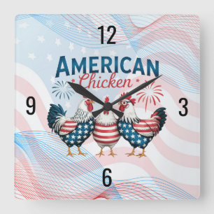 Horloge Carrée Conception de poulet américain patriotique du 4 ju