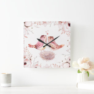 Horloge Carrée Conception florale à l'aquarelle de tourtereaux ro