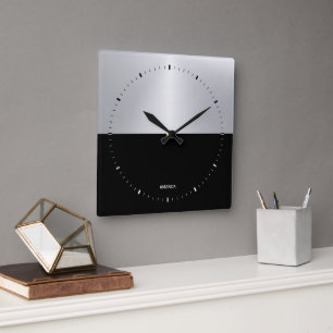Horloge Carrée Conception géométrique à écran partagé noir et arg