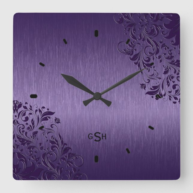 Horloge Carrée Conception Métallique Violet Acier brossé Look Car (Recto)