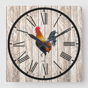Horloge Carrée Conception rustique de coq d'une ferme à l'aspect