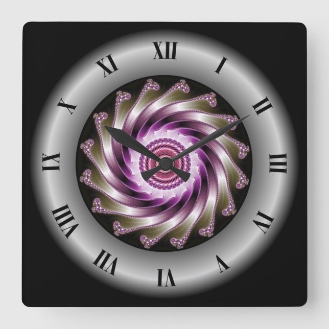 Horloge Carrée Conception spirale fractale gris-violet ~ Mandelbr (Recto)