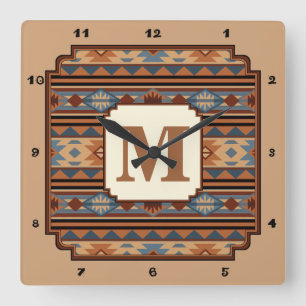 Horloge Carrée Conception sud-ouest Adobe Grey Brown Tribal Motif