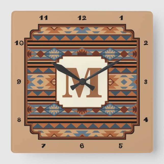 Horloge Carrée Conception sud-ouest Adobe Grey Brown Tribal Motif (Recto)