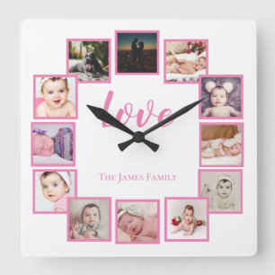 Horloge Carrée Concevoir un Collage de 12 photos en rose personna