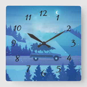 Horloge Carrée Conduire sur la route avec un arbre de Noël       