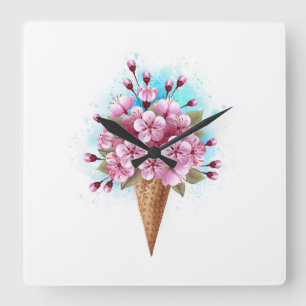Horloge Carrée Cône rose Sakura crème glacée gaufre