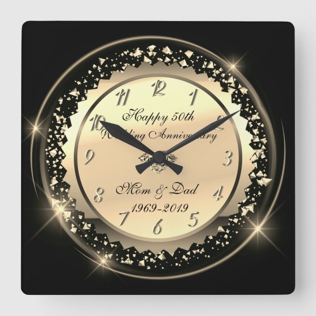 Horloge Carrée Confetti d'or, 50e anniversaire de Mariage noir (Recto)