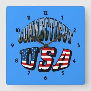 Horloge Carrée Connecticut Picture and USA Flag Text
