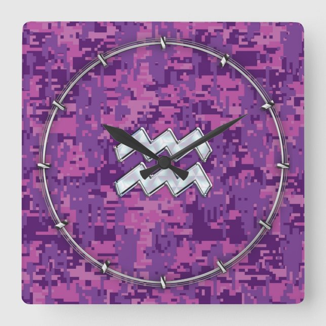 Horloge Carrée Connexion Aquarius Zodiac sur Camouflage numérique (Recto)