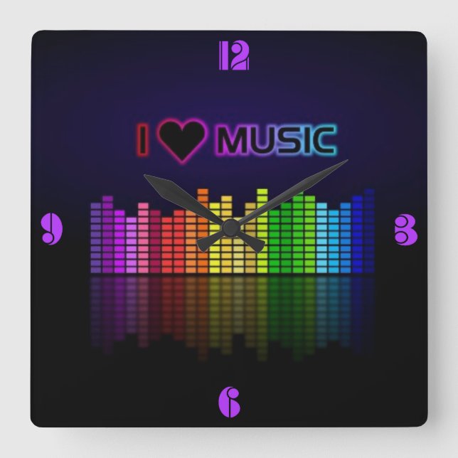 Horloge Carrée Cool awesome trendy "I Love Music" neon colours (Recto)