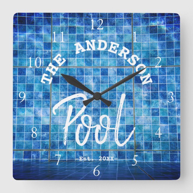 Horloge Carrée Cool Blue Tile Swimming Pool Family Nom Custom La (Recto)